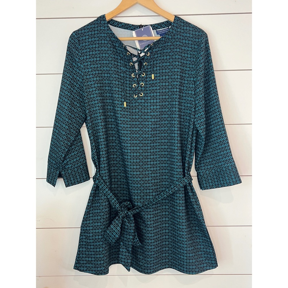 NWT Doncaster Collection Teal Geometric Lace Up Tunic Top Belted Size 8